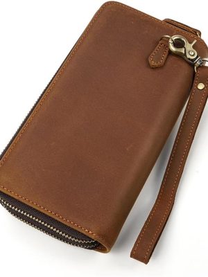 Men's Leather Long Wallet Zipper Money Bun Top Layer Cowhide Clutch Purse Coin
