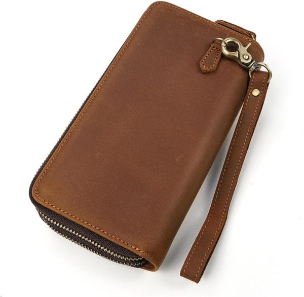 Men's Leather Long Wallet Zipper Money Bun Top Layer Cowhide Clutch Purse Coin