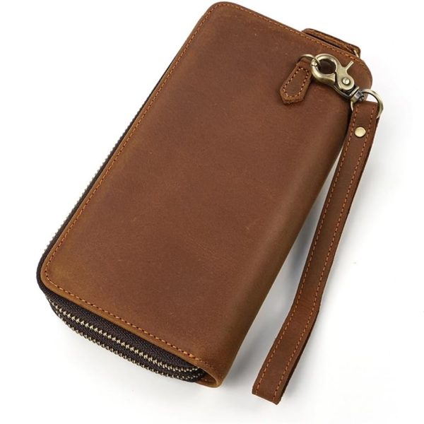 Men's Leather Long Wallet Zipper Money Bun Top Layer Cowhide Clutch Purse Coin