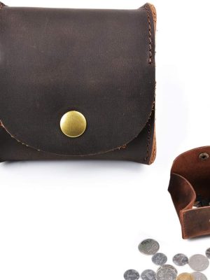 Rustic Leather Moon Pocket Coin Case Genuine Leather Squeeze Coin Purse Pouch Change Holder Tray Purse Wallet for Men & Women - Dark Brown