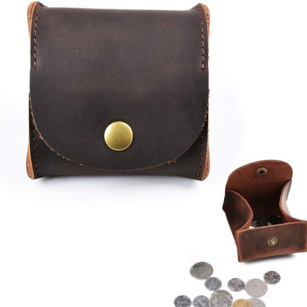 Rustic Leather Moon Pocket Coin Case Genuine Leather Squeeze Coin Purse Pouch Change Holder Tray Purse Wallet for Men & Women - Dark Brown