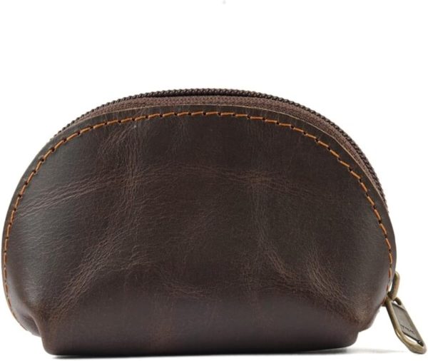Leather Moon Pocket Coin Case, Mini Squeeze Coin Purse Pouch for Change, Dark Brown Leather Coin Holder Tray, Compact Wallet for Men & Women, Stylish & Durable, Elegant Coin Purse