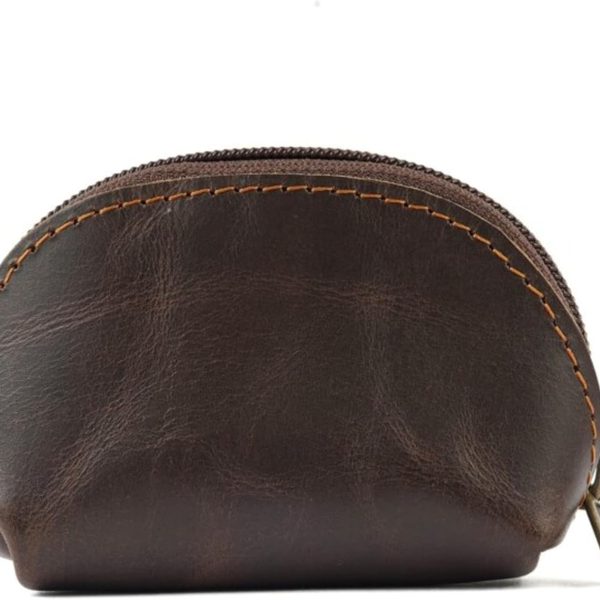 Leather Moon Pocket Coin Case, Mini Squeeze Coin Purse Pouch for Change, Dark Brown Leather Coin Holder Tray, Compact Wallet for Men & Women, Stylish & Durable, Elegant Coin Purse