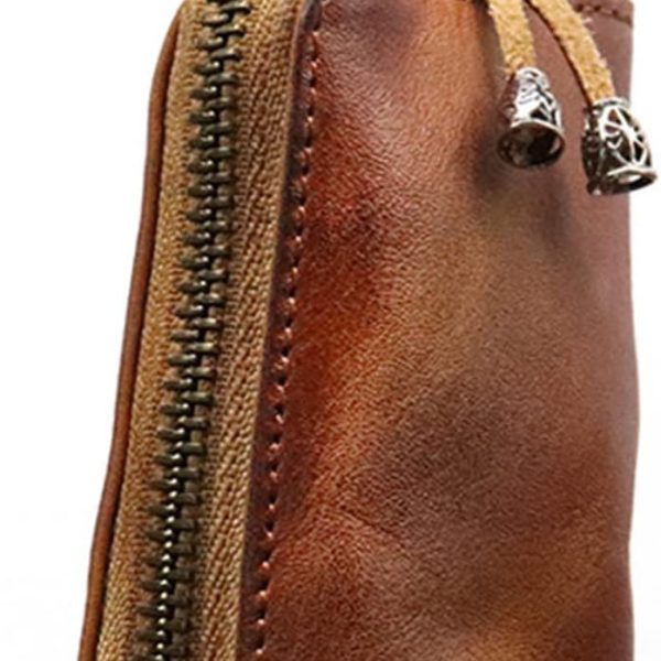 Medieval Leather Zipper Coin Pouch, Genuine Cowhide Handcrafted Coin Organizer Change Holder Keychain Coin Purse for Men & Women (Brown)