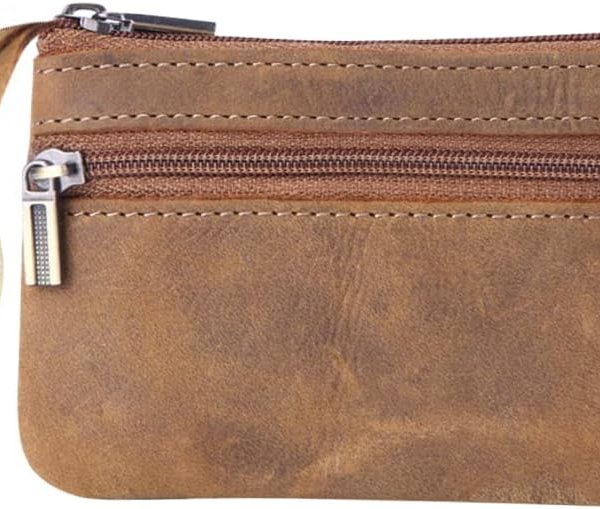 Genuine Leather Coin Purse, Small Coin Pouch for Men Women, Cash Change Wallet Key Holder Money Pouch with Key Ring, Zipper Storage Bag Coin Organizer