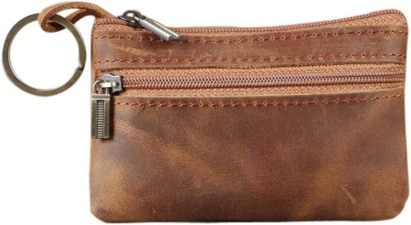 Coin Purse for Men,Coin Pouch with Zipper for Men Women,Genuine Leather Mini Coin Pocket Pouch Change Holder Mens Tray Purses Coin Purse Cash Change Wallet Key Holder Money Pouch