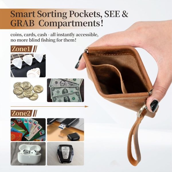 Leather Coin Purse with Wristlet, Coin Pouch with Dual Interlayer, Card and Change Holder, Easy Clip on without Zipper, Squeeze Coin Wallet, Handmade Genuine Leather Wallet For Men/Women