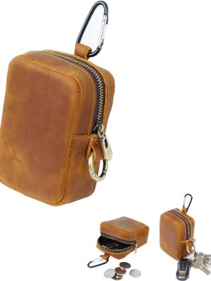 Leather Coin Purse Retro Zipper Wallet Genuine Leather Coin Pouch for Men Small Leather Change Purse with Key Ring for Travel