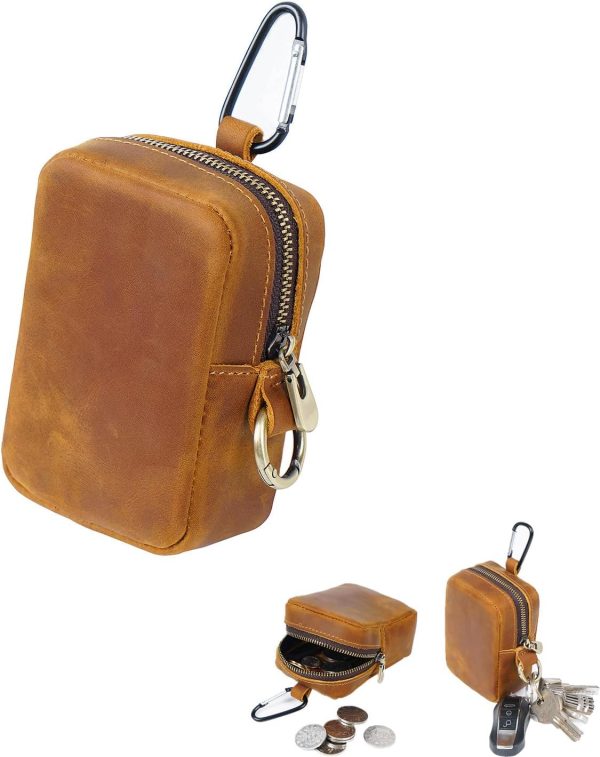 Leather Coin Purse Retro Zipper Wallet Genuine Leather Coin Pouch for Men Small Leather Change Purse with Key Ring for Travel
