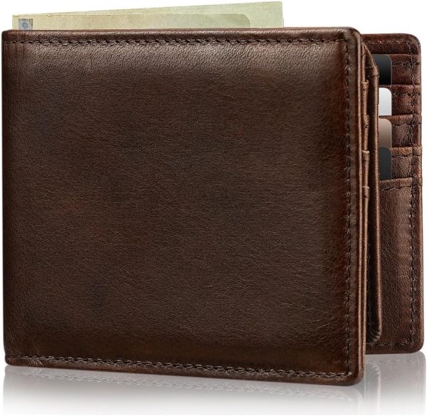 Mens Wallet Bifold Genuine Leather RFID Blocking Wallet for Men with 2 ID Windows 11 Card Holders 2 cash pockets 1 Gift Box