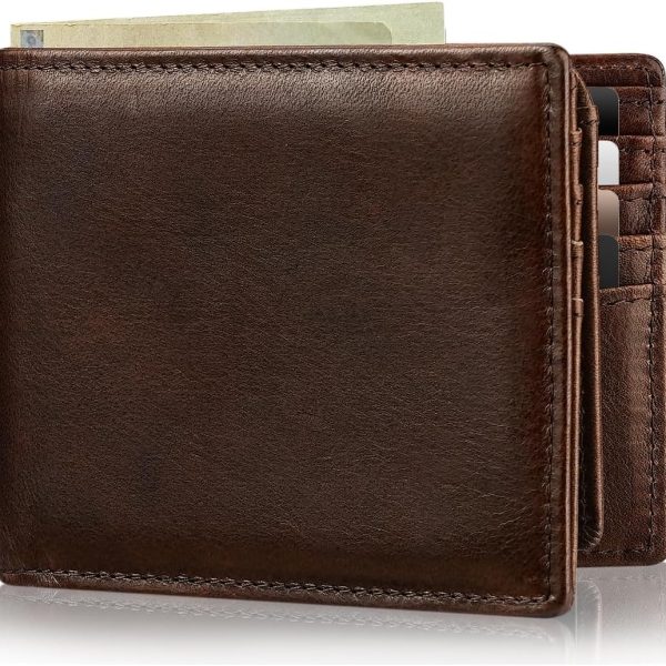 Mens Wallet Bifold Genuine Leather RFID Blocking Wallet for Men with 2 ID Windows 11 Card Holders 2 cash pockets 1 Gift Box
