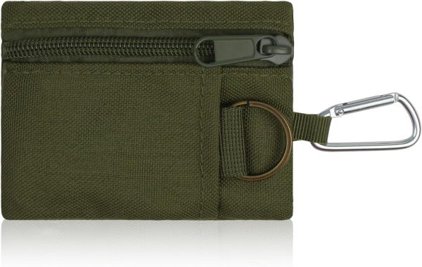 Small Coin Purse, Unisex Portable Nylon Zip Coin Pouch, Mini Tactical Keychain Pouch Change Purse with Carabiner (Green)