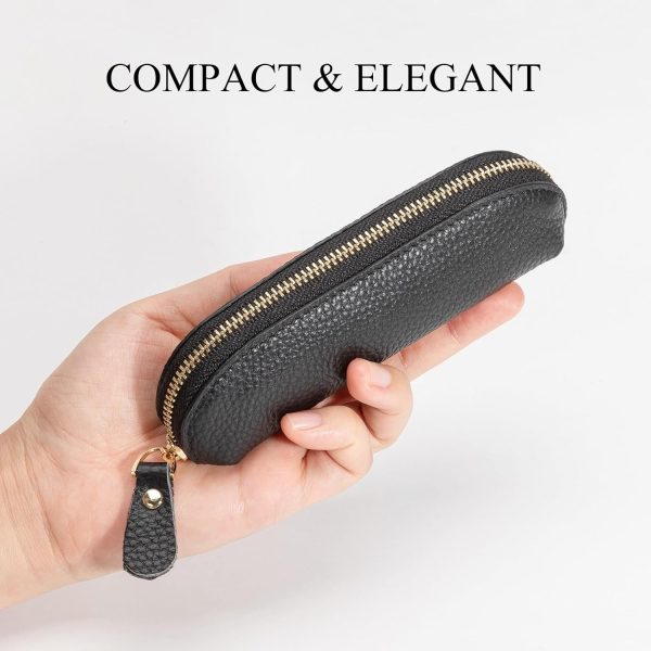 Full Grain Leather Coin Pouch - Travel Small Coin Purse with Zipper - Mini Key Pouch Change Purse for Women and Men (Black, Large Size)