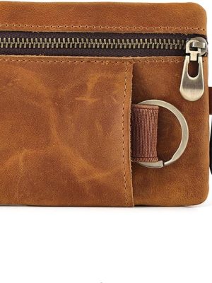 Men Genuine Top Grain Cow Leather Coin Purse with Key Ring & Clip. Retro Slim Minimalist Wallet Card Case (Brown).