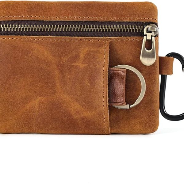 Men Genuine Top Grain Cow Leather Coin Purse with Key Ring & Clip. Retro Slim Minimalist Wallet Card Case (Brown).