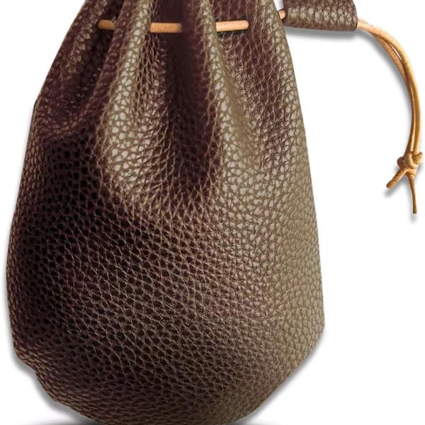 Faux Leather Drawstring Pouch, Premium Coin Pouch for Men, coin holder for purse, Change Holder for Car as coin purses, coin wallet, dice bags, key wallet Size 5.9" x 4.3" (Brown)