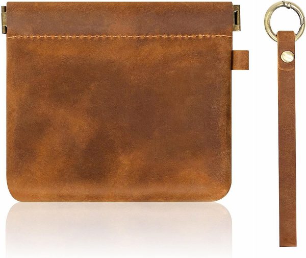 Leather Coin Purse with Wristlet, Coin Pouch with Dual Interlayer, Card and Change Holder, Easy Clip on without Zipper, Squeeze Coin Wallet, Handmade Genuine Leather Wallet For Men/Women