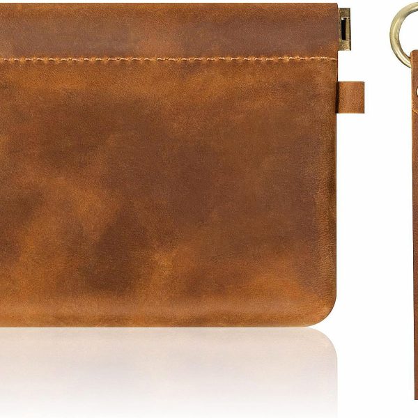 Leather Coin Purse with Wristlet,  Coin Pouch with Dual Interlayer, Card and Change Holder, Easy Clip on without Zipper, Squeeze Coin Wallet, Handmade Genuine Leather Wallet For Men/Women