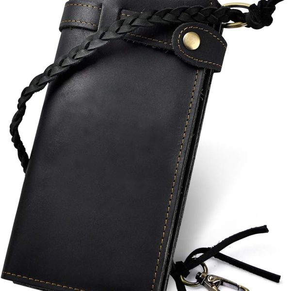 Mens Genuine Leather Bifold Wallet Organizer Checkbook Removable Chain Wallet