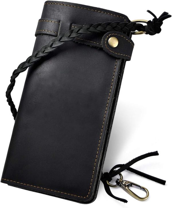 Mens Genuine Leather Bifold Wallet Organizer Checkbook Removable Chain Wallet