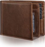 Mens Genuine Leather Bifold RFID Blocking Wallet with 14 Card Slots, ID Window & 2 Cash Pocket - Includes Gift Box