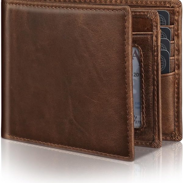 Mens Genuine Leather Bifold RFID Blocking Wallet with 14 Card Slots, ID Window & 2 Cash Pocket - Includes Gift Box