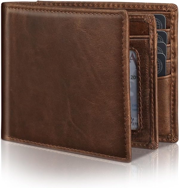 Mens Genuine Leather Bifold RFID Blocking Wallet with 14 Card Slots, ID Window & 2 Cash Pocket - Includes Gift Box