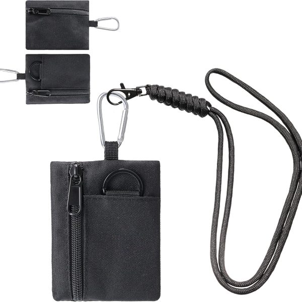 Coin Purse for Men Women, Canvas Coin Pouch Keychain With Retractable Lanyard, Small Change Purse Tactical EDC Pocket Mini Tool Pouch(Black)