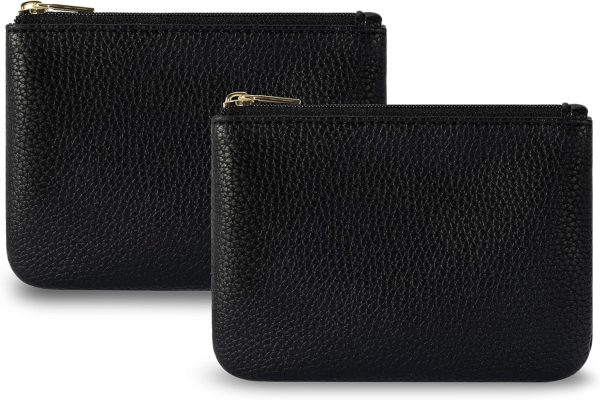 PU Leather Coin Purse Pouch Change Holder Small With Zipper for Men Women 2 PCS Set (Black&Black)