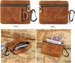 Men Genuine Top Grain Cow Leather Coin Purse with Key Ring & Clip. Retro Slim Minimalist Wallet Card Case (Brown).