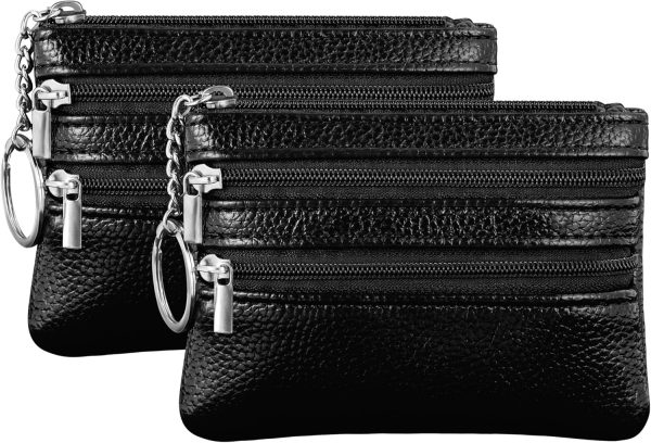2 Pack Coin Purse Pouch Change Card Holder Small Wallet with Keychain for Women and Men (Black & Black)