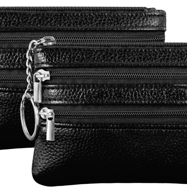2 Pack Coin Purse Pouch Change Card Holder Small Wallet with Keychain for Women and Men (Black & Black)