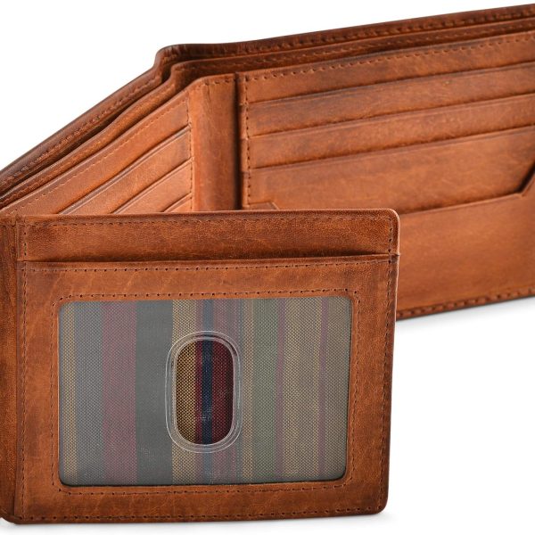 RFID Blocking Bifold Wallets for Men, Brown Full Grain Leather Credit Card Wallet with 2 ID Windows Premium Security and High Capacity | RFID Blocking, Credit Card Wallet, with 2 ID Windows, Premium Security, High Capacity