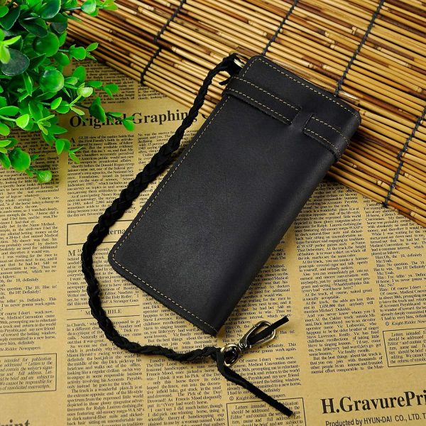Mens Genuine Leather Bifold Wallet Organizer Checkbook Removable Chain Wallet