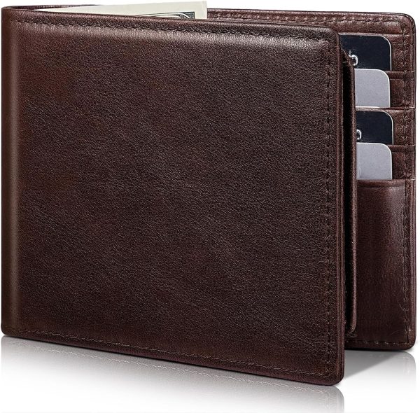 Mens Wallet Genuine Leather Bifold RFID Blocking Wallet for Men with 2 ID Windows 12 Card Holders 2 cash pockets 1 Gift Box