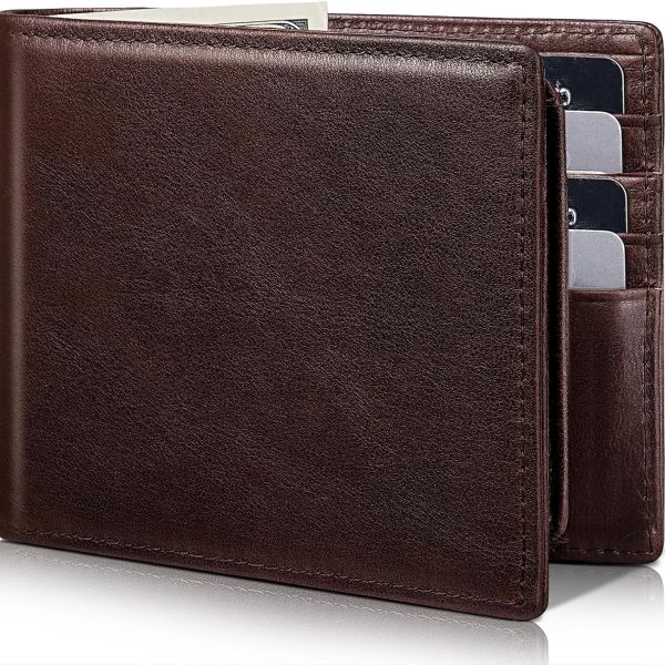 Mens Wallet Genuine Leather Bifold RFID Blocking Wallet for Men with 2 ID Windows 12 Card Holders 2 cash pockets 1 Gift Box